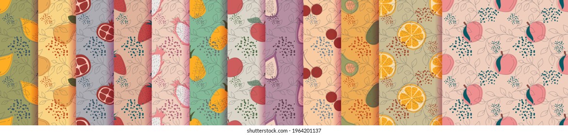 Set of seamless patterns with variety fruits. Fresh delicious fruits, peaches, apples, figs, lemon. Vector illustration in a flat linear style. Seamless patterns food.