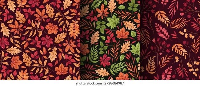 Set of Seamless Patterns with Various Autumn Leaves. Background wth Oak, Maple, Rowan and More in Flat Style. Classic Fall Foliage Texture for Wallpaper, Textile, Packaging, Seasonal Decor