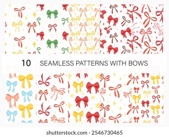 Set of Seamless patterns with various cartoon bow knots, gift ribbons. Trendy hair braiding accessory. Hand drawn vector illustration. Holiday background.