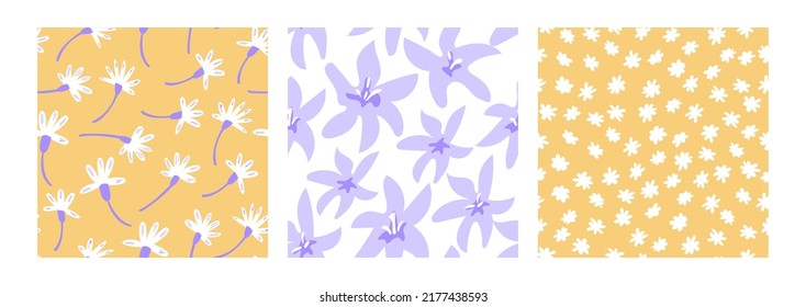 Conjunto de motivos impecables con flores variadas. Fondo de la floración vectorial en color púrpura y amarillo