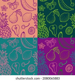 conjunto de patrones sin fisuras con diversas frutas como piña, plátano, pera, albaricoque, cerezo, limón.