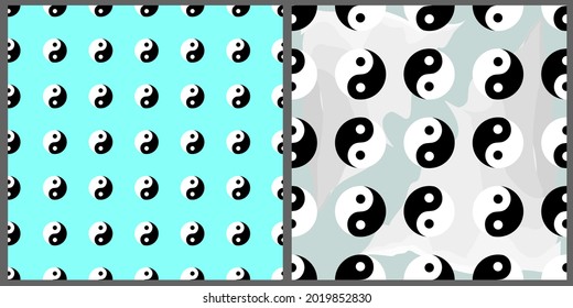 Set of seamless patterns. Vector abstract drawing.Black and white yin and yang on a blue background. 