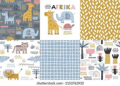 Set of seamless patterns and vector clipart with African animals and plants in cartoon style. Giraffes, elephants, turtles, tigers, palm trees backgrounds for nursery decor, children's textiles, etc