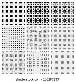 Set of seamless patterns. Vector geometric background. Squares of different shapes. Shades of gray.