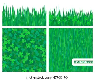 Set of seamless patterns vector green grass and clover leaves. Horizontal and square texture. Isolated on white background.