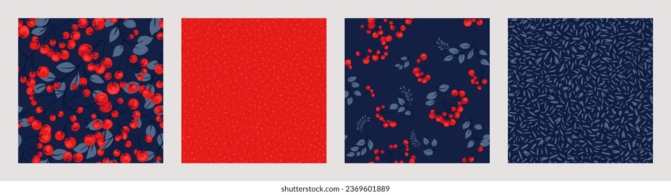 Set of seamless patterns with vector hand drawn creative, artistic  branch berries, (juniper, boxwood, viburnum, holly, barberry), abstract texture print, spots, dot. Templates for design.