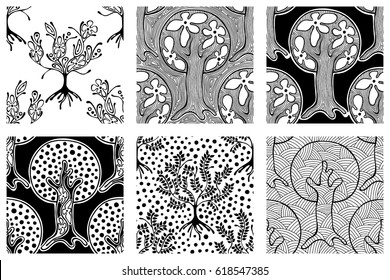 Set of seamless patterns, vector hand drawn repeating illustration, decorative ornamental stylized endless trees Black and white abstract seamles graphic illustration Artistic line drawing silhouette