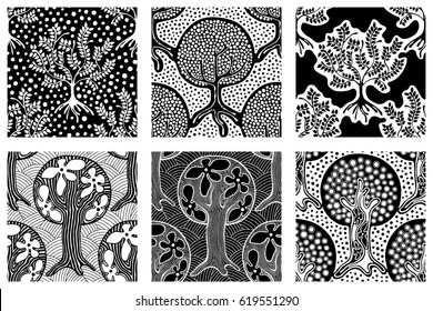 Set of seamless patterns, vector hand drawn  illustrations, decorative ornamental stylized endless trees. Black and white abstract seamles backgrounds Artistic line drawing silhouette