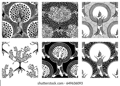 Set of seamless patterns, vector hand drawn repeating illustration, decorative ornamental stylized endless trees. Black and white abstract seamles graphic illustration Artistic line drawing silhouette