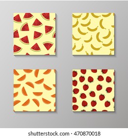 Set of seamless patterns. Vector illustration, eps10. Watermelon, banana, orange, strawberry patterns set on soft yellow background.