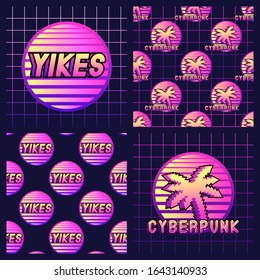 Set of seamless patterns and vector illustrations with a sunset symbol, tropical palm tree silhouette, and text "Cyberpunk". Vaporwave, retrowave aesthetics. Futuristic digital wallpapers.	