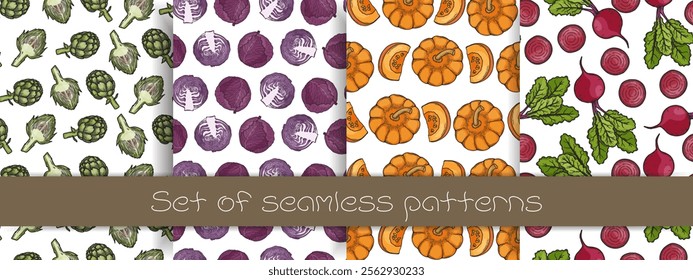 Set of seamless patterns with vegetables. Cabbage, eggplant, pumpkin, beet, artichoke. Flat vector illustration for design	