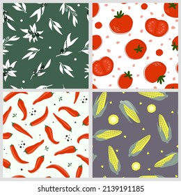 A set of seamless patterns with vegetables. Corn, tomato, olives, pepper plant print. Vector graphics.