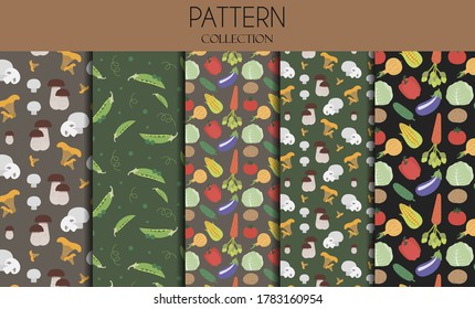 Ensemble de motifs harmonieux de légumes. Illustration à plat avec pois, champignons, chou, avocat, brocoli, carotte, oignon, tomate, concombre et maïs. Motifs vectoriels en une seule couleur claire