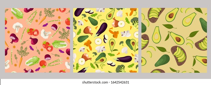 Set of seamless patterns with vegetables. Vector graphics.