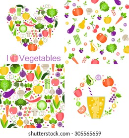 Set of seamless patterns and Vegetarian menus of restaurants, cooking, recipes, fruits and vegetables. The concept of healthy nutrition and healthy life. Flat design. Vector illustration
