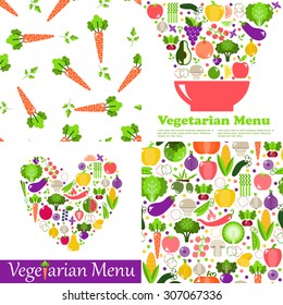 Set of seamless patterns and Vegetarian menus of restaurants, cooking, recipes, fruits and vegetables. The concept of healthy nutrition and healthy life. Flat design. Vector illustration