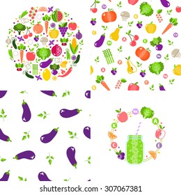Set of seamless patterns and Vegetarian menus of restaurants, cooking, recipes, fruits and vegetables. The concept of healthy nutrition and healthy life. Flat design. Vector illustration