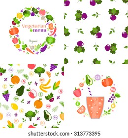 Set of seamless patterns and Vegetarian menus of restaurants, cooking, recipes, fruits and vegetables. The concept of healthy nutrition and healthy life. Flat design. Vector illustration