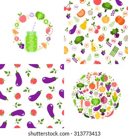 Set of seamless patterns and Vegetarian menus of restaurants, cooking, recipes, fruits and vegetables. The concept of healthy nutrition and healthy life. Flat design. Vector illustration