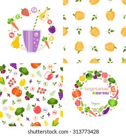 Set of seamless patterns and Vegetarian menus of restaurants, cooking, recipes, fruits and vegetables. The concept of healthy nutrition and healthy life. Flat design. Vector illustration