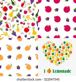 Set of seamless patterns and Vegetarian menus of restaurants, cooking, recipes, fruits and vegetables. The concept of healthy nutrition and healthy life. Flat design. Vector illustration