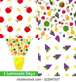 Set of seamless patterns and Vegetarian menus of restaurants, cooking, recipes, fruits and vegetables. The concept of healthy nutrition and healthy life. Flat design. Vector illustration