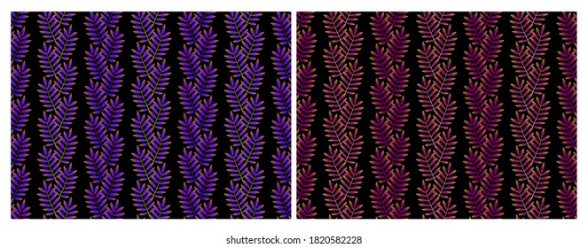 Set of seamless patterns with vertical rows of mountain ash leaves. Repeat symmetrical botanical patterns. Vector illustration.