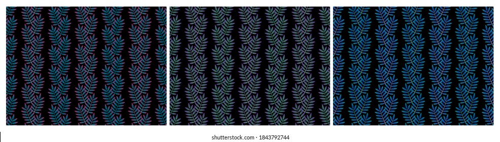 Set of seamless patterns with vertical rows of mountain ash leaves. Repeat symmetrical botanical patterns. Vector illustration.