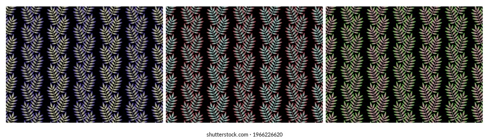 Set of seamless patterns with vertical rows of mountain ash leaves. Repeat symmetrical botanical patterns. Vector illustration.
