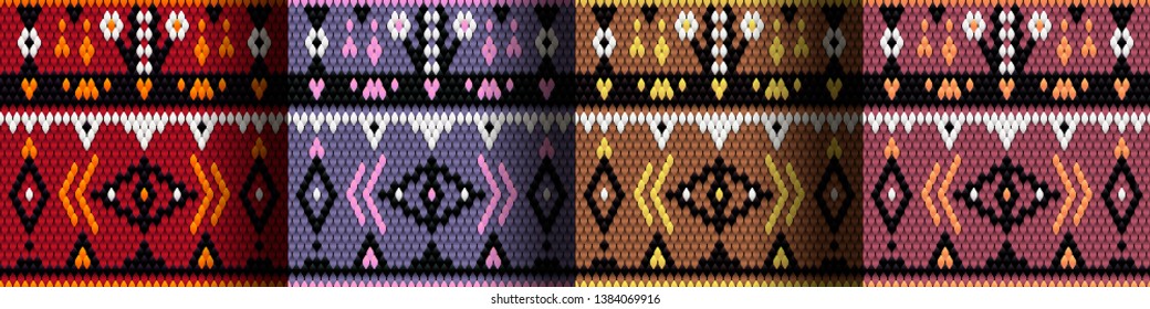 set of seamless patterns, vintage ornament, woven fabric, rustic style, four colors