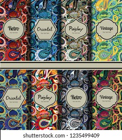 Set of seamless patterns in vintage paisley style. Oriental retro pattern