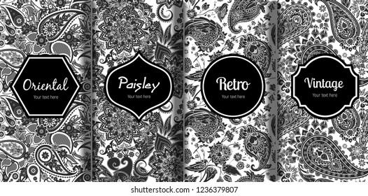 Conjunto de patrones sin costuras en estilo paisley vintage. Patrón retro oriental