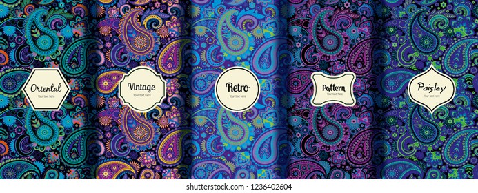 Set of seamless patterns in vintage paisley style. Oriental retro pattern/ blue