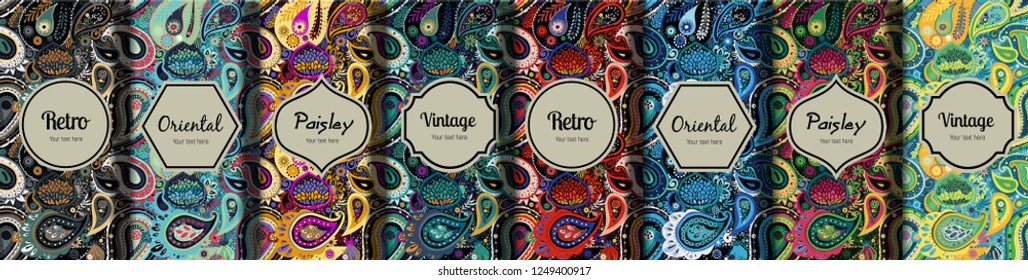 Set of seamless patterns in vintage paisley style. Oriental retro pattern