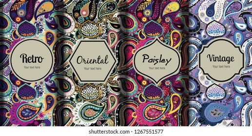 Set of seamless patterns in vintage paisley style. Oriental retro pattern