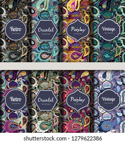Set of seamless patterns in vintage paisley style. Oriental retro pattern