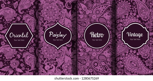 Set of seamless patterns in vintage paisley style. Oriental retro pattern