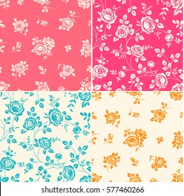 Set of seamless patterns with vintage roses. Vintage background with blooming flower silhouette. Beautiful floral wallpaper for wedding design 