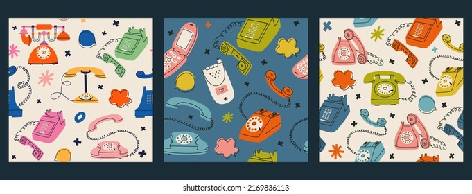 Set of seamless patterns with vintage telephones. Flat vector wallpaper with retro gadgets for textile and fabric. Isolated dial telephone, wireless telephone, phone systems, handset, wire phones