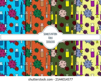 Set of seamless patterns with virus and vaccine, syringe pixels 1000x1000. Vector graphic