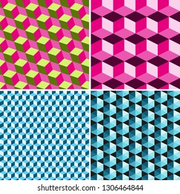 Set seamless patterns from volumetric multi-colored cubes. Vector image, eps 8