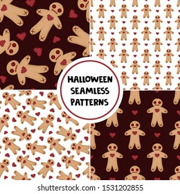 Set of seamless patterns with voodoo dolls. Halloween backgrounds for greeting card, gift box, wallpaper, fabric, web design.