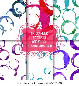 Set of seamless patterns with watercolor stains. Wine glass mark isolated on white background. Vector illustration. 