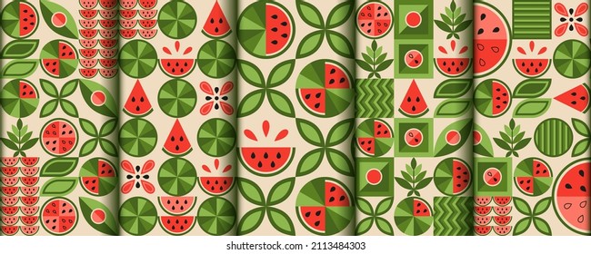 Set of seamless patterns with watermelon elements, simple geometric shapes. Leaves, seeds, watermelon slices. For decoration of food package, cover design, decorative print, background. Vector