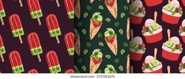 Set von nahtlosen Mustern mit Wassermelone Eis, Sorbet und Sommer Leckereien im flachen Stil. Erfrischende Desserttextur für Beach Bar Menü, Hintergrund, Cafe Branding, Verpackung und saisonales Design