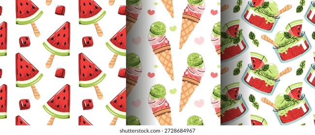 Set of Seamless Patterns with Watermelon Ice Cream, Sorbet and Summer Treats in Flat Style. Sweet Texture for Social Media Graphics, Background, Digital Menu, Beach Cafe Merchandise and Product Design