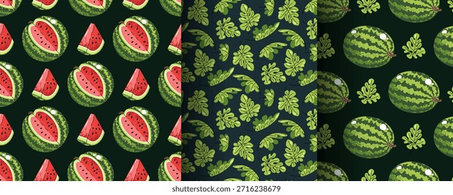 Set Of Seamless Patterns With Watermelon And Leaves In Flat Style. Repeating Summer Texture For Fresh Food Branding, Scrapbooking, Textile Design, Wallpaper And Packaging