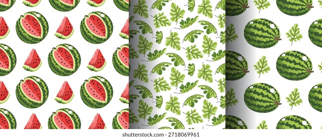 Set Of Seamless Patterns With Watermelon And Leaves In Flat Style. Repeating Summer Texture For Fresh Food Branding, Scrapbooking, Textile Design, Wallpaper And Packaging