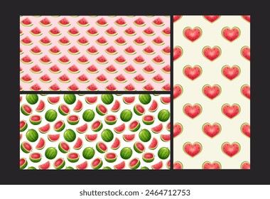 Set of seamless patterns with watermelons. Whole watermelon, cut watermelon, triangular pieces and seeds. Summer fruit ornament on white, pink and yellow backgrounds